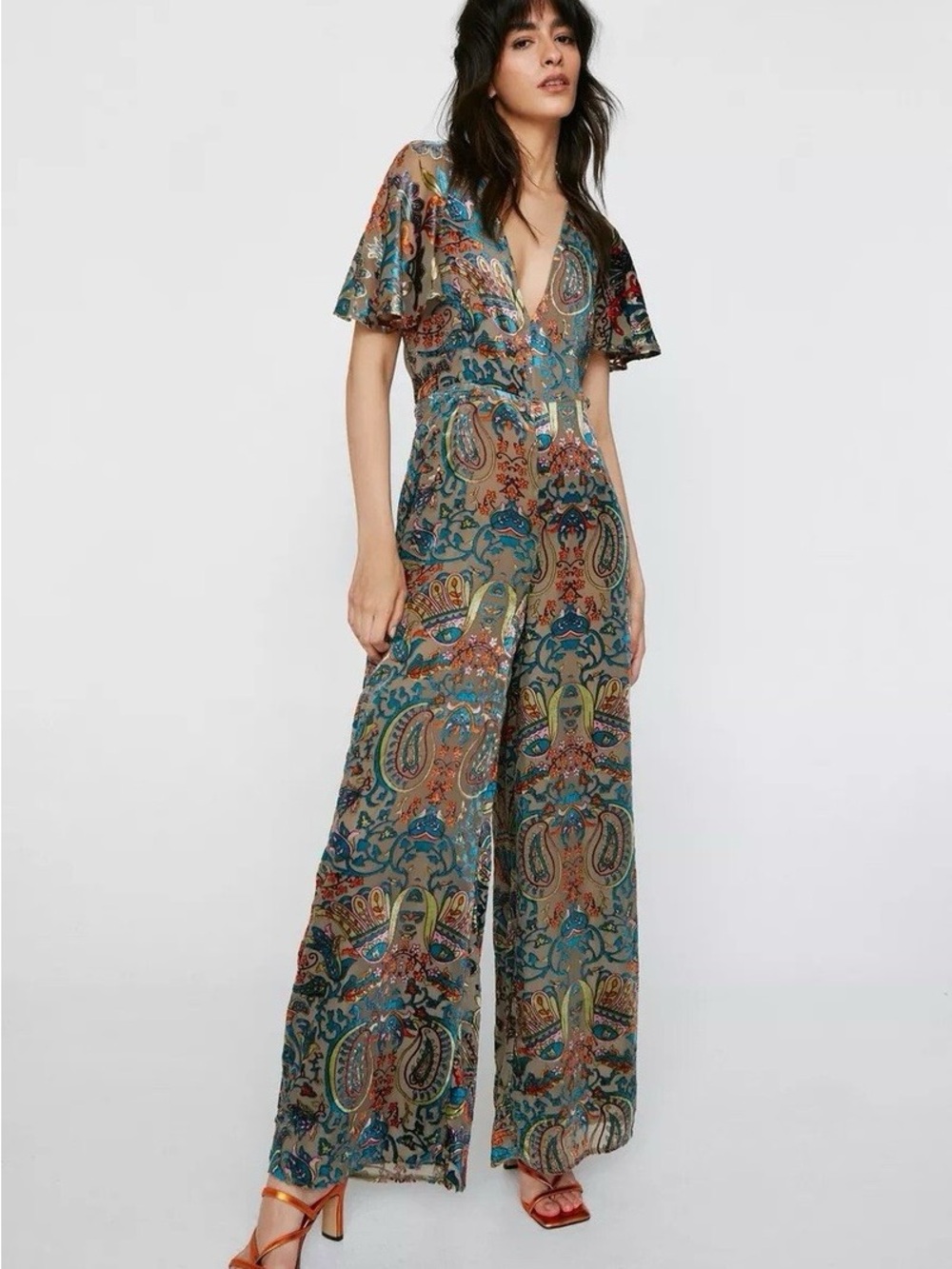 Nasty Gal Taupe Paisley Embroidered Wide-Leg V-Neck Flutter Jumpsuit US 2 AS IS - Picture 1 of 10